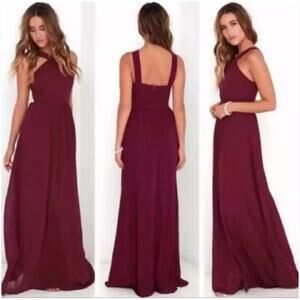 LULUS NWT Air of Romance Burgundy Halter Maxi Bridesmaids Formal Dress // L